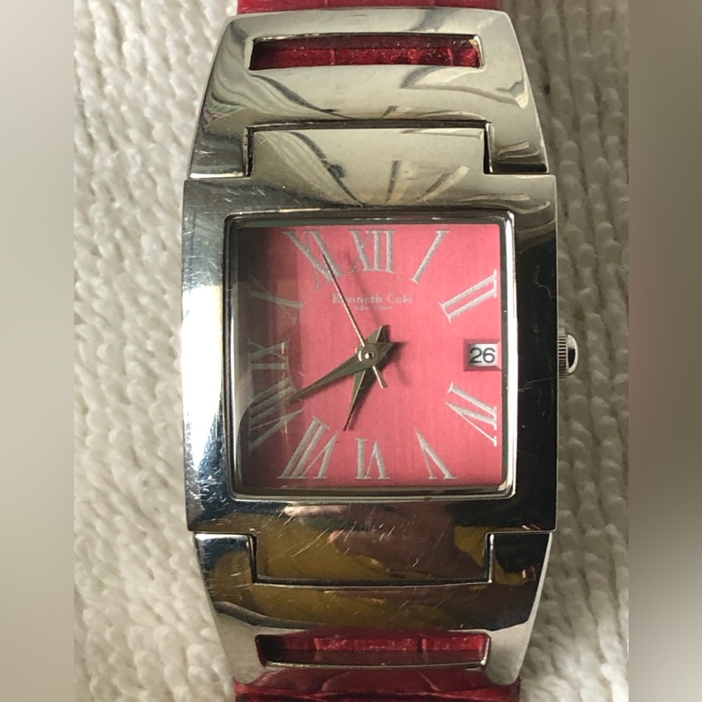 (3)Vintage Kenneth Cole Watch Women Stainless Steel Silver Date Leather Red…3
